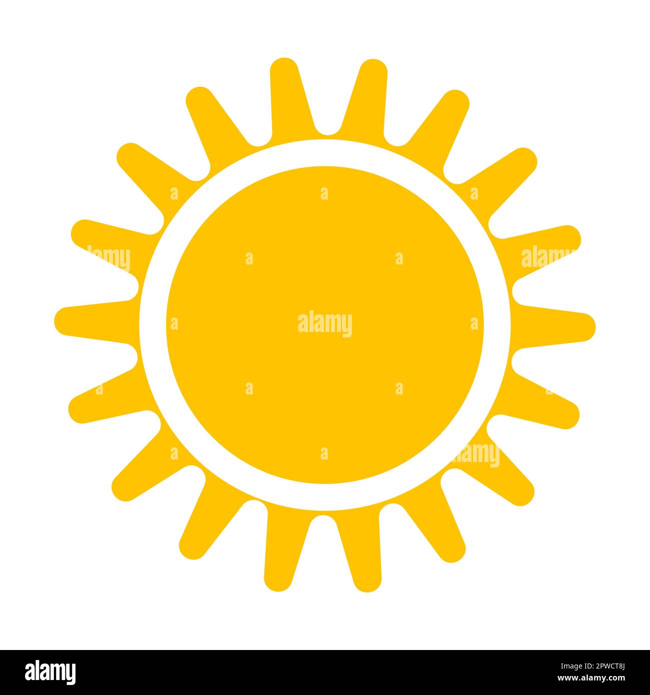 Form der Sonnenwärme. Vektordarstellung der hellgelben runden Sonne mit Strahlen im Sommer. Cartoon-Sonnenaufgang, isoliert auf Weiß Stock Vektor