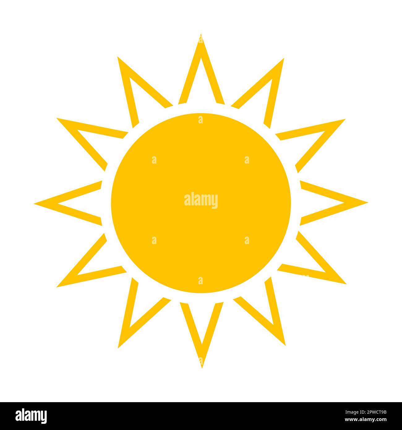 Form der hellen Sonne. Vektordarstellung der hellgelben runden Sonne mit Strahlen im Sommer. Cartoon-Sonnenaufgang, isoliert auf Weiß Stock Vektor