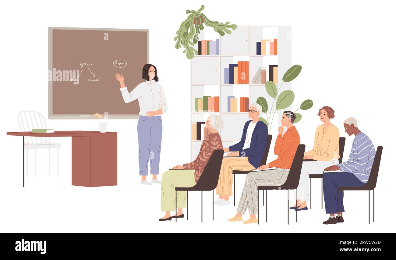 Der Lehrer leitet eine Lektion für Erwachsene Schüler. Stock Vektor