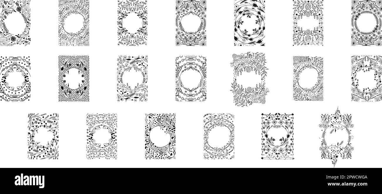 Botanische Rahmen. Handgezeichnete runde Umrandung, Blätter und Blumen, Hochzeitseinladungen und -Karten, Logo-Design und Plakat-Vorlage. Elegantes minimalistisches Blumenvektorset. Vektordarstellung Stock Vektor