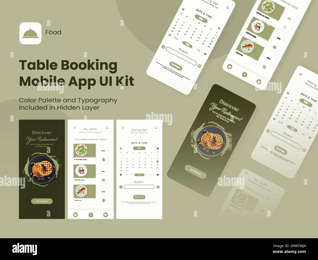 Table Booking Mobile App UI Kit, einschließlich als Anmeldung, Anmeldung, Menü und Details zu reservierten Tischen für Responsive Website. Stock Vektor
