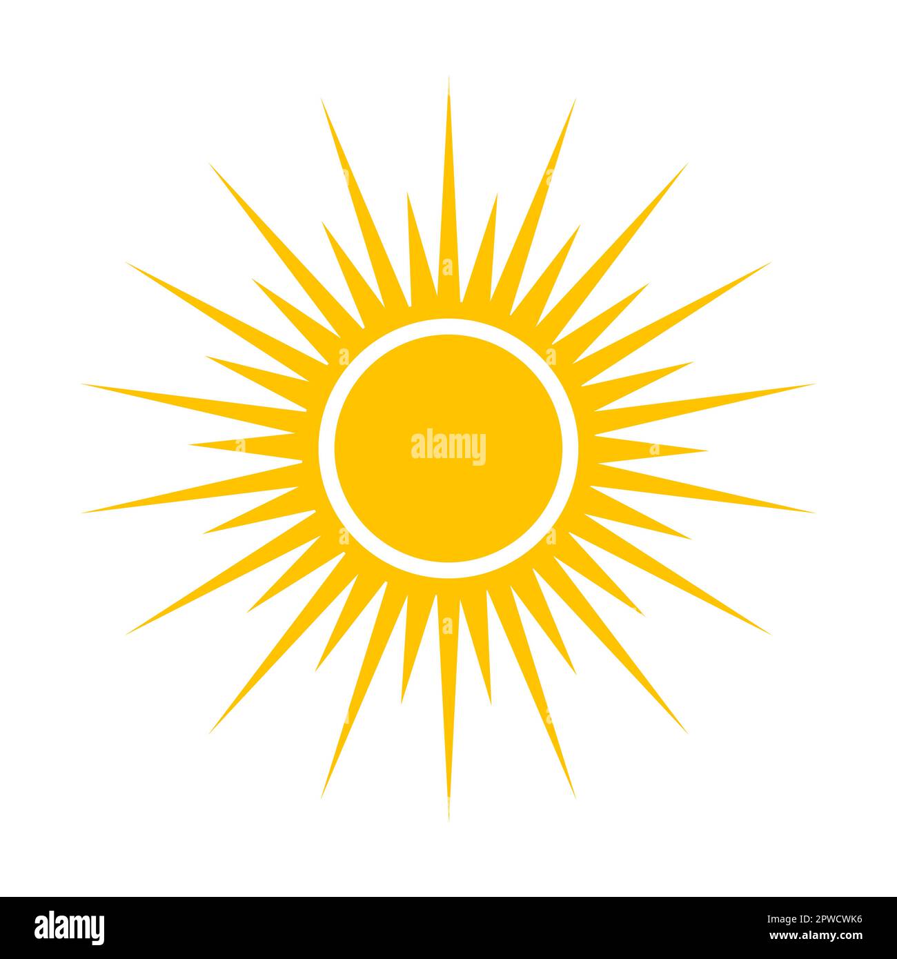 Form der energiegeladenen Sonne. Vektordarstellung der hellgelben runden Sonne mit Strahlen im Sommer. Cartoon-Sonnenaufgang, isoliert auf Weiß Stock Vektor