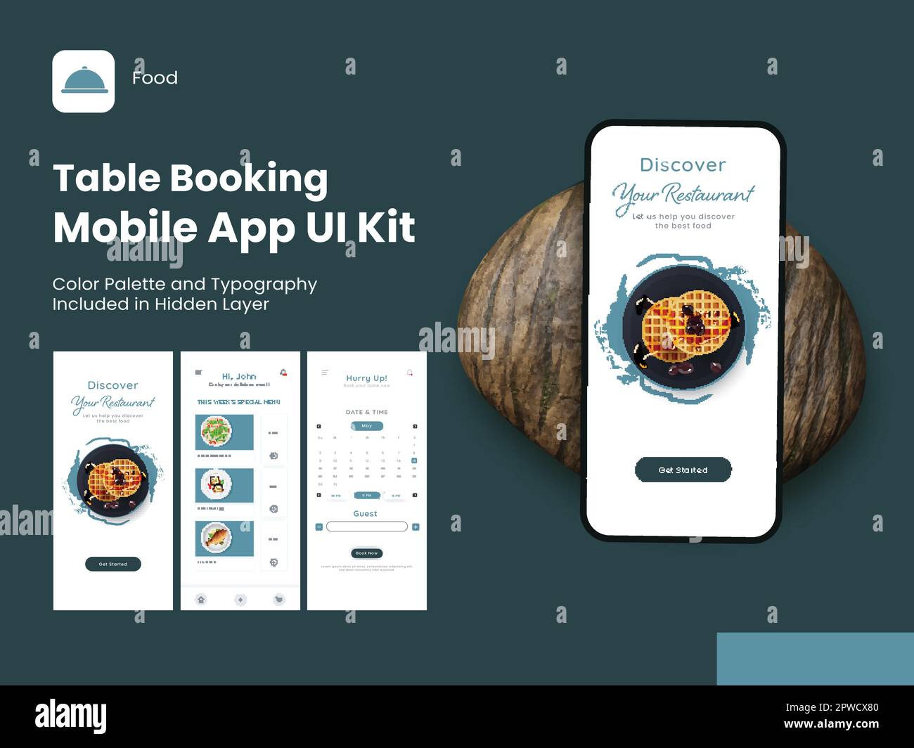 Table Booking Mobile App UI Kit, einschließlich als Anmeldung, Anmeldung, Menü und Details zu reservierten Tischen für Responsive Website. Stock Vektor