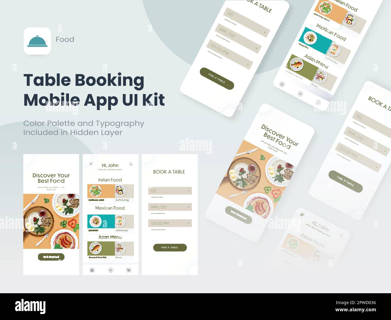Tischbuchung Mobile App UI-Kit einschließlich Anmeldung, Speisemenü, Reservierungsbildschirm für Restaurant oder Hotel. Stock Vektor