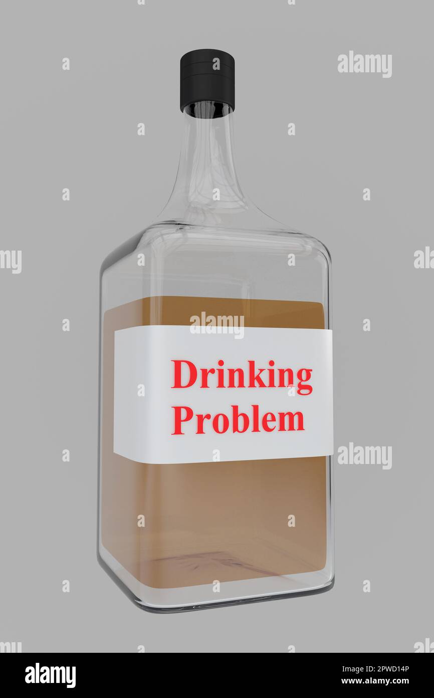 3D Abbildung des Titels des Alkoholproblems auf der Spirituosenflasche, isoliert über grauen Gradienten. Stockfoto