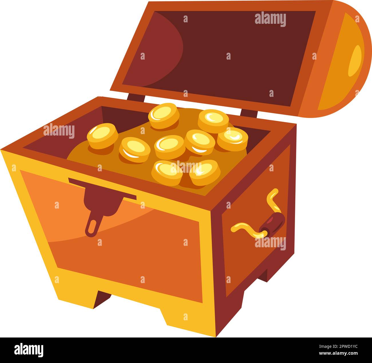 Geld, Gold, Goldmünzen, Schatz in einer Holzkiste Stock Vektor