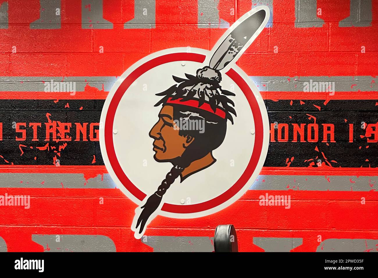 The logo of the Salamanca City Central School District is displayed on a wall at Salamanca High