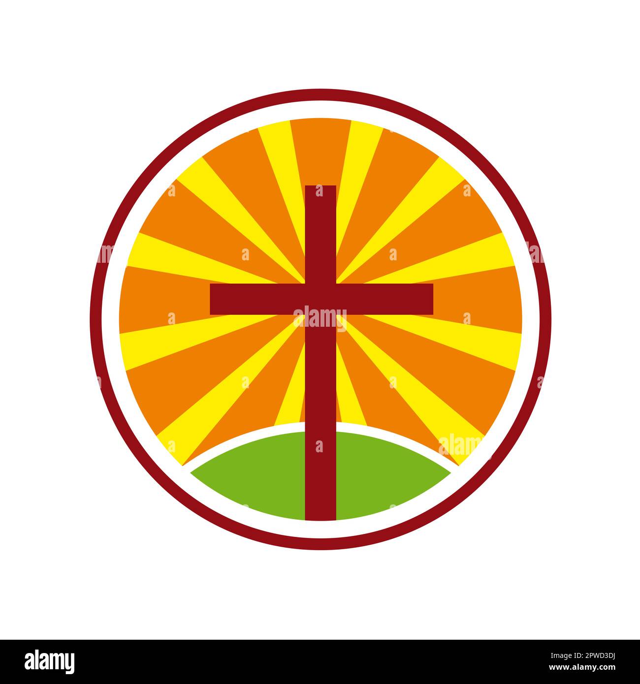 Ein Kreuz, Landschaft und ein Sonnenauf- oder -Untergang im Hintergrund. Vektorvorlage, rundes Logo-Design Stock Vektor