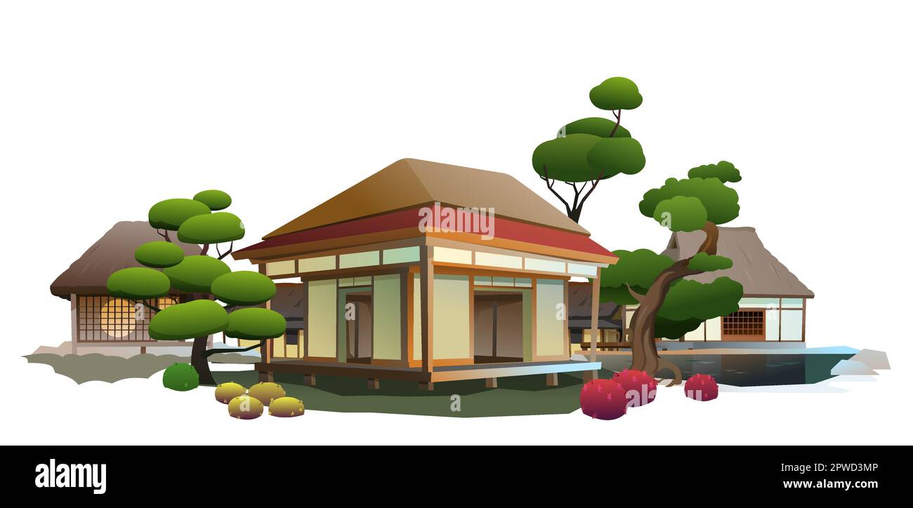 Traditionelles japanisches Haus. Ein kleines Dorf. Ländliches Wohnhaus mit Strohdach. Darstellungsvektor. Stock Vektor