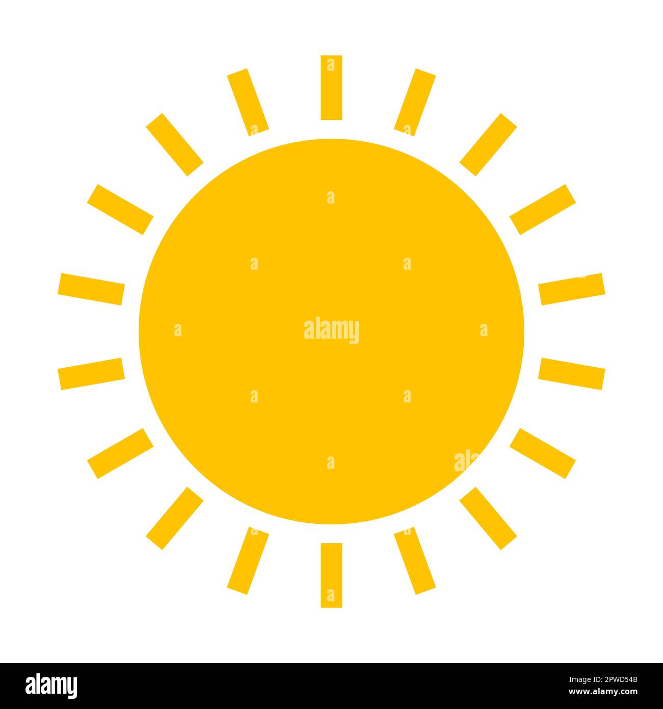 Form der runden Sonne. Vektordarstellung der hellgelben runden Sonne mit Strahlen im Sommer. Cartoon-Sonnenaufgang, isoliert auf Weiß Stock Vektor