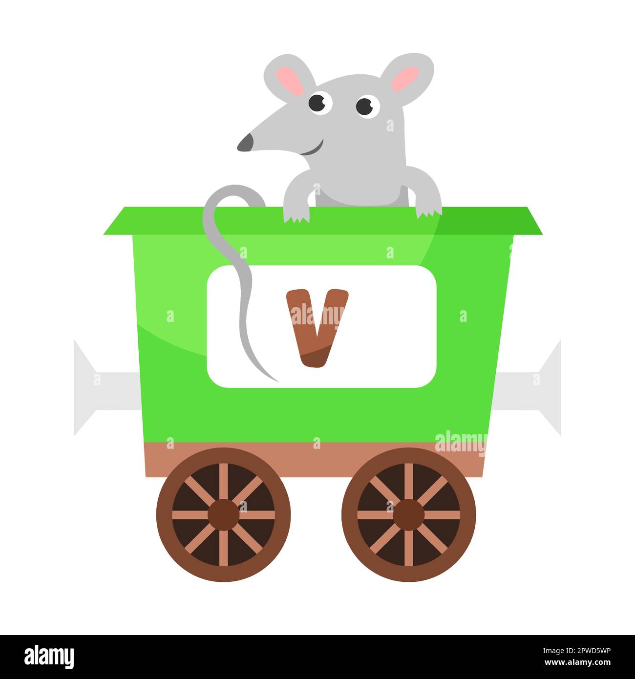 Leserbrief V. niedliches Tier in farbenfroher Alphabet-Bahn. Vektordarstellung von Lernspielzeug für Vorschulkinder. Cartoon-Tiere, die im Transport sitzen Stock Vektor