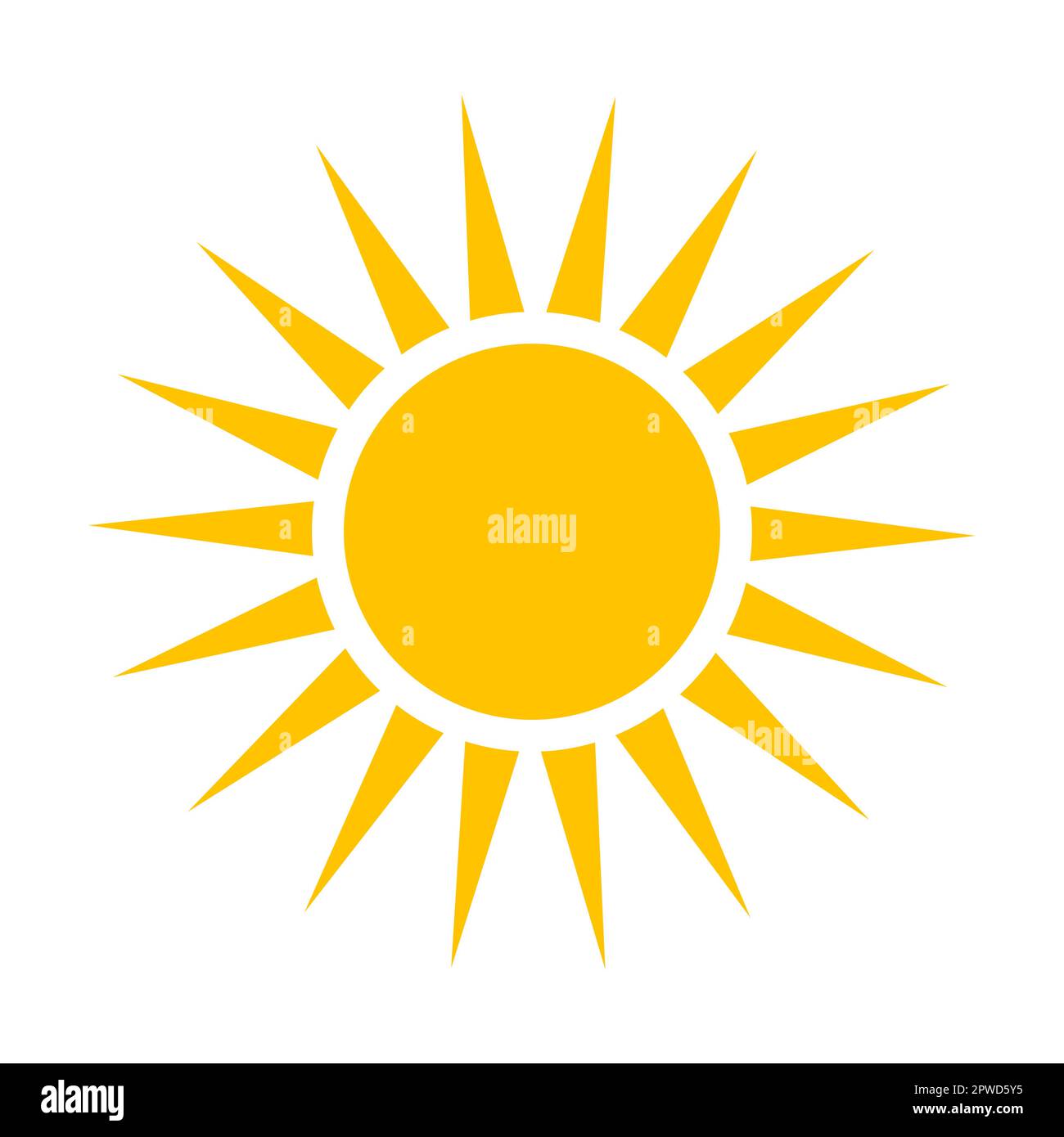 Form der Schweltersonne. Vektordarstellung der hellgelben runden Sonne mit Strahlen im Sommer. Cartoon-Sonnenaufgang, isoliert auf Weiß Stock Vektor