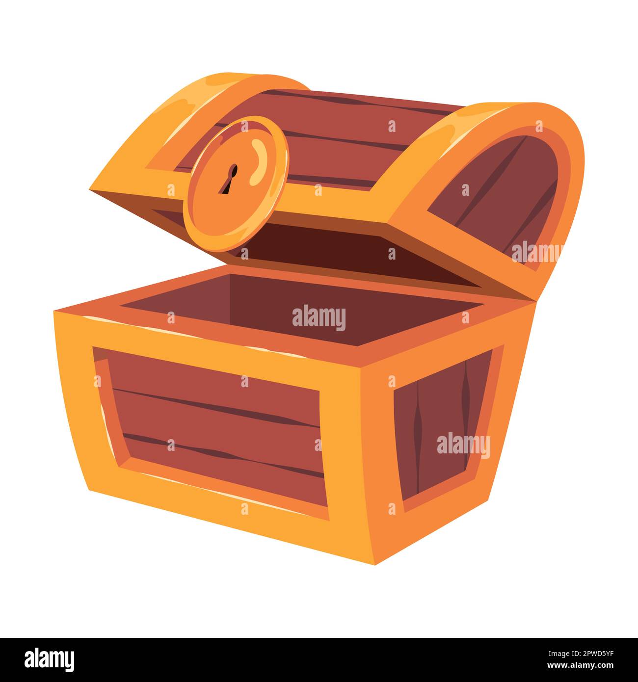 Leerer halboffener Deckel, alte Holzkiste für Goldschatz. Vektordarstellung der Bewegungssimulation von Keyframes. Eine Holzkiste mit dem glücklichen Piraten, isoliert auf Stock Vektor