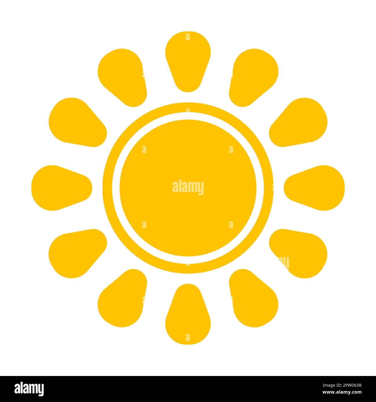 Sonnenform. Vektordarstellung der hellgelben runden Sonne mit Strahlen im Sommer. Cartoon-Sonnenaufgang, isoliert auf Weiß Stock Vektor