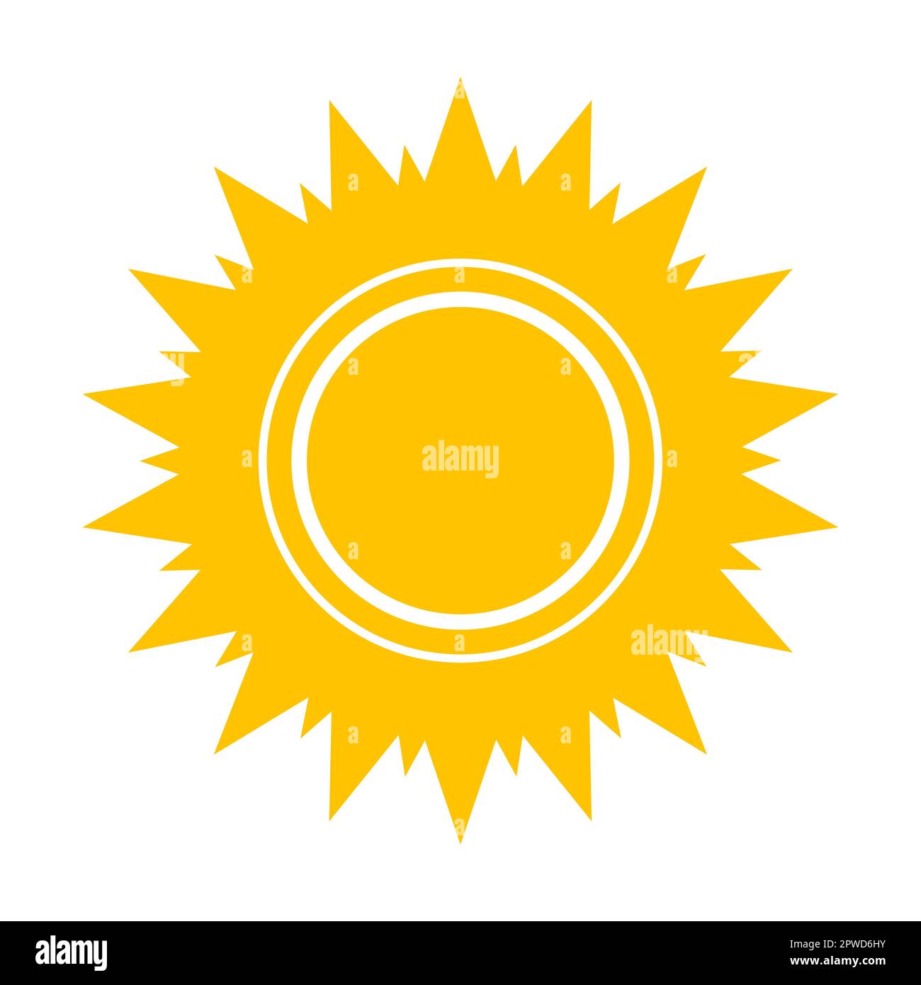 Form der heißen Sonne. Vektordarstellung der hellgelben runden Sonne mit Strahlen im Sommer. Cartoon-Sonnenaufgang, isoliert auf Weiß Stock Vektor