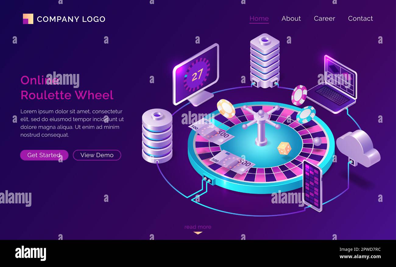 Isometrische Landing-Page des Online-Casinos, Geldscheine und Chips, die auf dem Roulette-Rad liegen, umgeben von Gadgets, Computern und Servern über Cloud-System und Internet. 3D-Vektor-Webbanner für Glücksspiele Stock Vektor