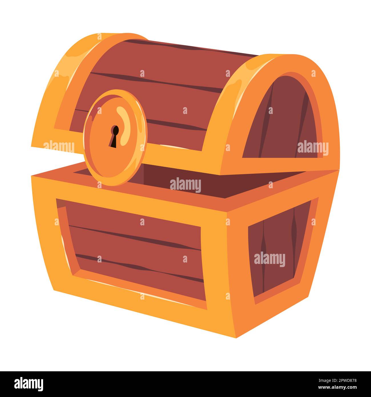 Leere alte Holzkiste für Goldschatz. Vektordarstellung der Bewegungssimulation von Keyframes. Holzkiste mit Piraten, isoliert auf Weiß Stock Vektor