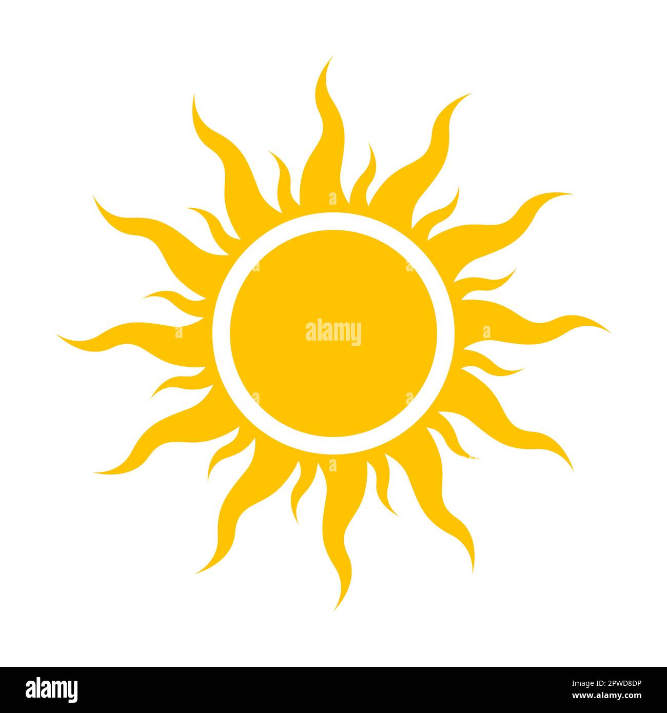 Form der liebevollen Sonne. Vektordarstellung der hellgelben runden Sonne mit Strahlen im Sommer. Cartoon-Sonnenaufgang, isoliert auf Weiß Stock Vektor