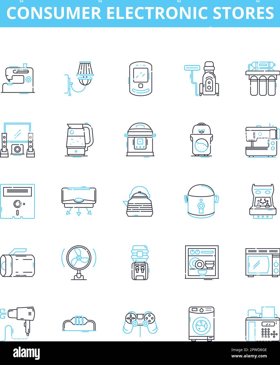Unterhaltungselektronik speichert einen Satz von Vektorlinien-Symbolen. Elektronik, Verbraucher, Geschäft, Shopping, Haushaltsgeräte, Einzelhändler, Käufer Abbildung Konzept Stock Vektor