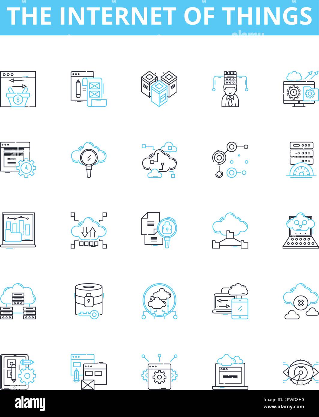 Die Vektorliniensymbole des Internets der Dinge. IoT, intelligent, vernetzt, Automatisierung, Wearables, AI, Sensorendarstellung umreißt Konzeptsymbole und -Zeichen Stock Vektor