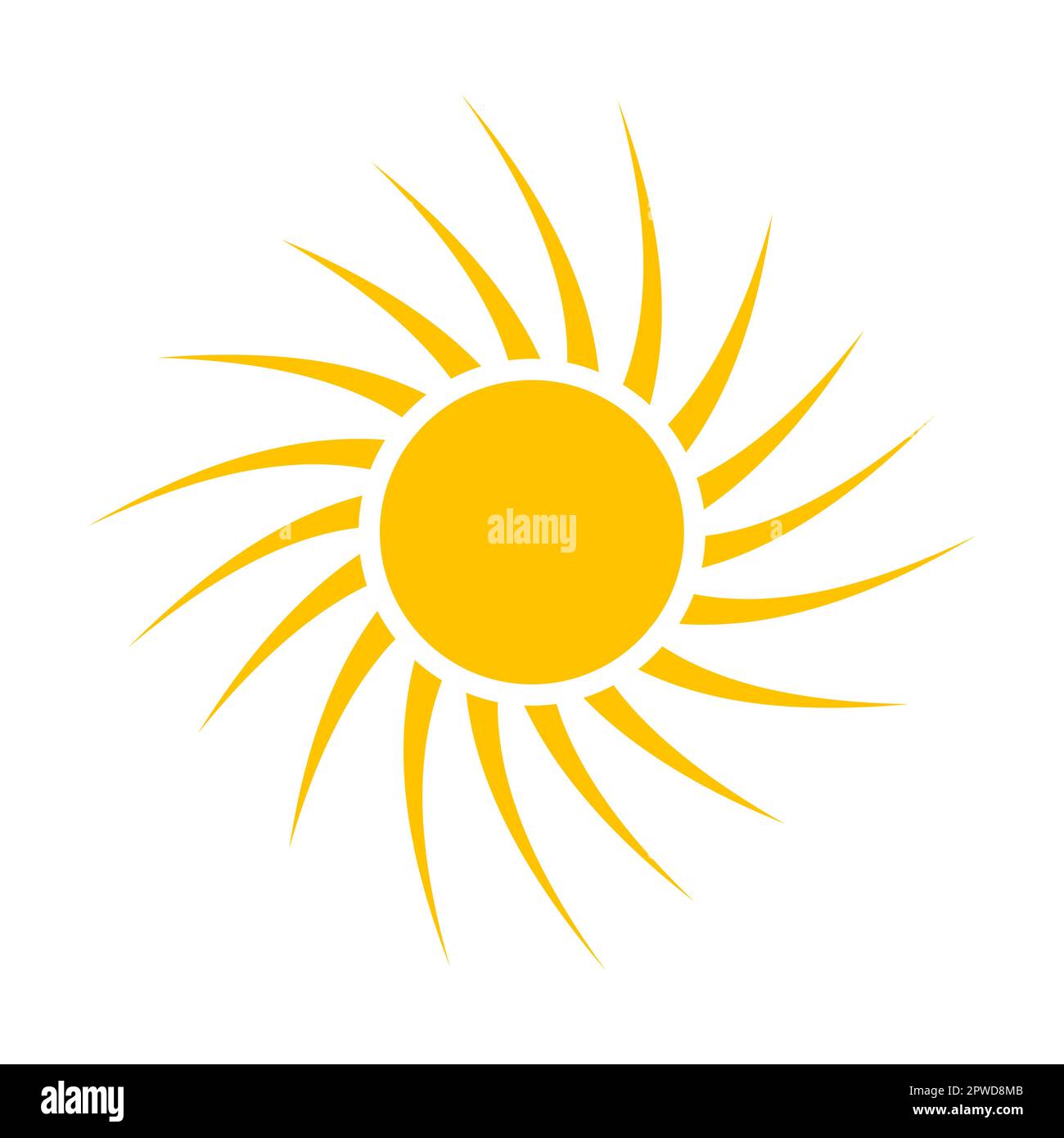 Form der Herbstsonne. Vektordarstellung der hellgelben runden Sonne mit Strahlen im Sommer. Cartoon-Sonnenaufgang, isoliert auf Weiß Stock Vektor