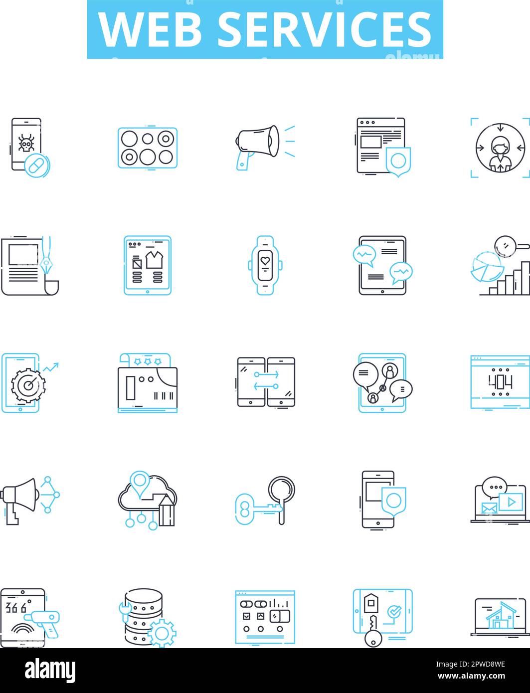 Vektorlinien-Symbole für Webservices festgelegt. Web, Services, API, REST, SOAP, Anwendungen, XML-Illustration umreißt Konzeptsymbole und -Zeichen Stock Vektor