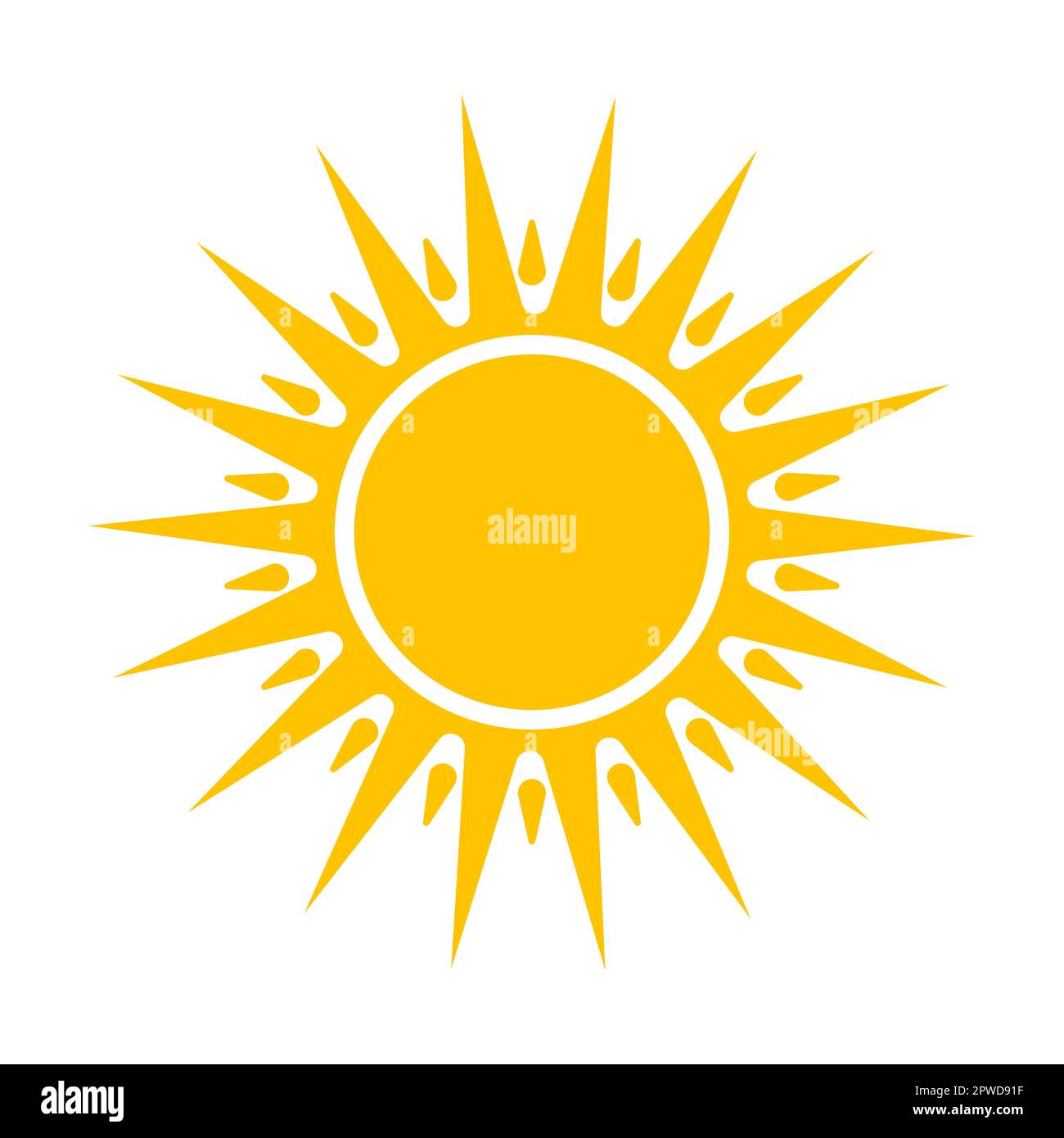 Form der warmen Sonne. Vektordarstellung der hellgelben runden Sonne mit Strahlen im Sommer. Cartoon-Sonnenaufgang, isoliert auf Weiß Stock Vektor