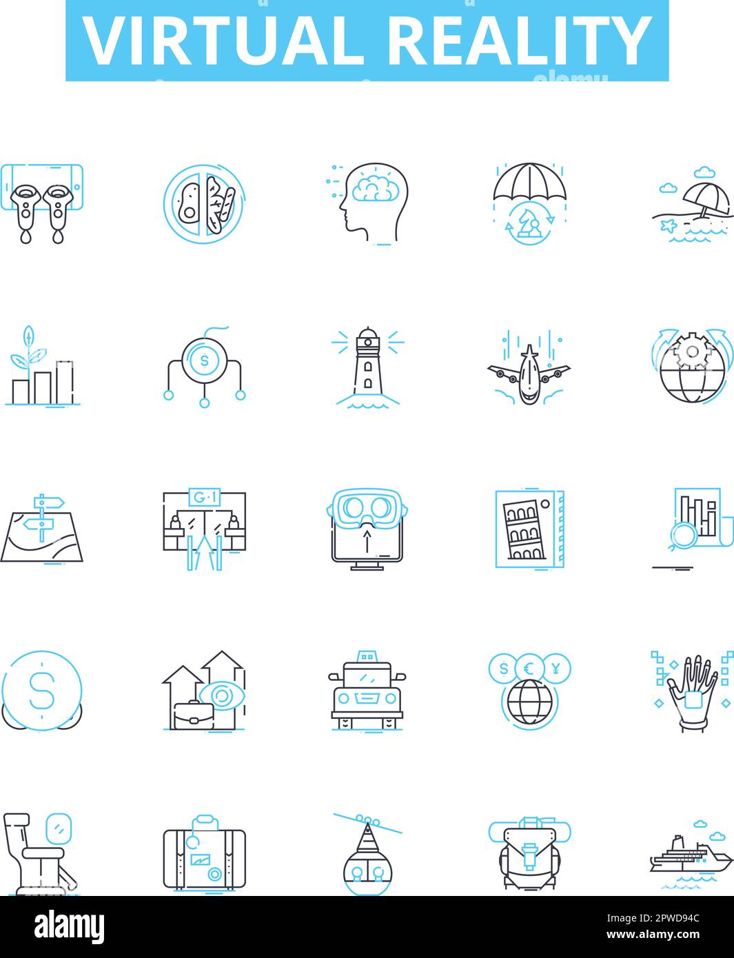 Vektorliniensymbole für virtuelle Realität eingestellt. Virtuell, Realität, VR, Lucid, Träume, Augmented, Simulation Illustration umreißt Konzeptsymbole und -Zeichen Stock Vektor