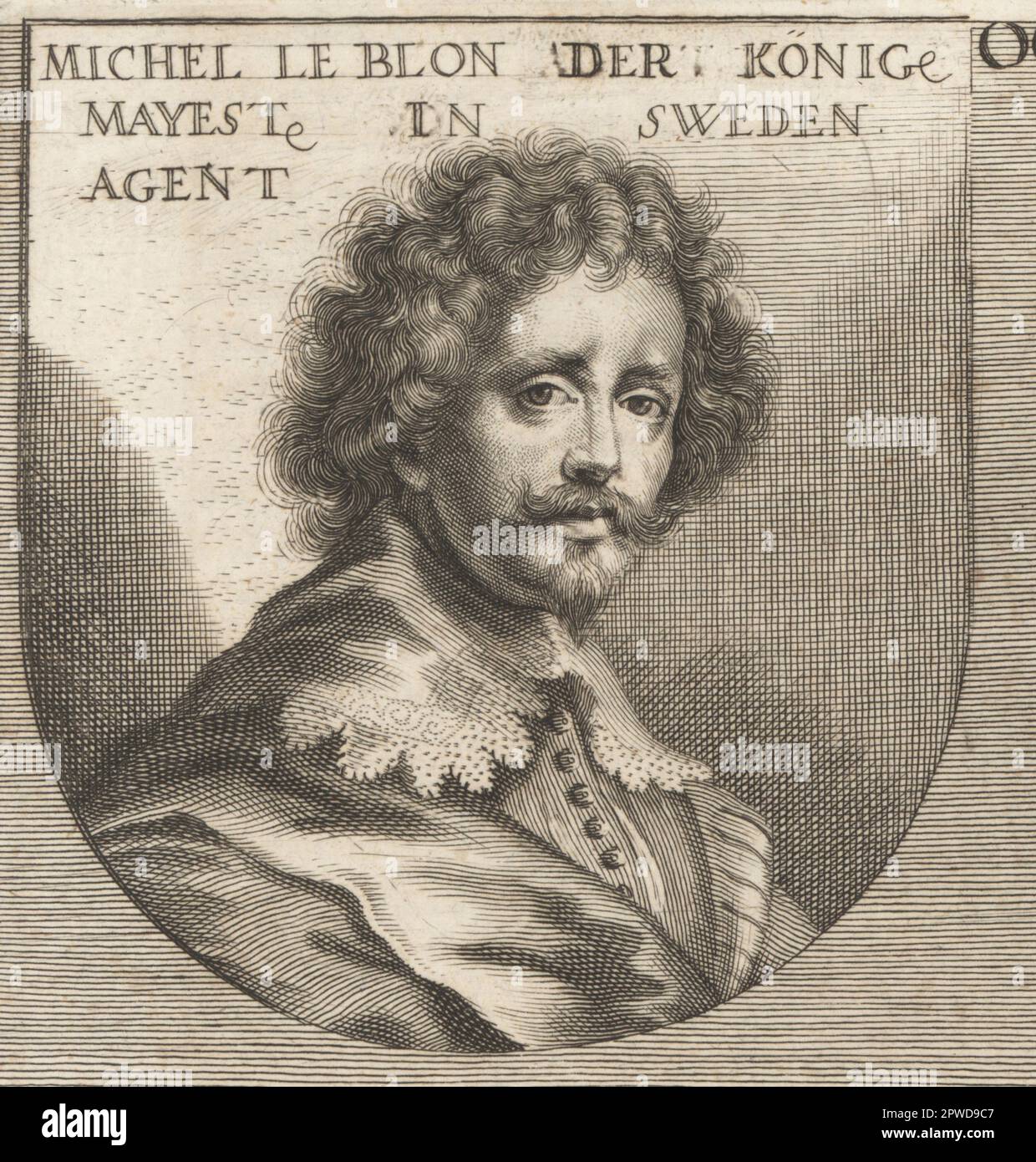 Michel le Blon, holländischer Ziergravierer und Silbergravierer, 1587-1656. Auch Goldschmied, Verleger und Kunsthändler, die in Amsterdam, Antwerpen und London tätig sind. Michel le Blon der Konige Mayeste in Schweden Agent. Copperplate-Gravur von Philipp Kilian nach einer Illustration von Joachim von Sandrart von seiner L'Academia Todesca, della Architectura, Scultura & Pittura, oder Teutsche Academie, der Edlen Bau- Bild- und Mahlerey-Kunste, Deutsche Akademie für Architektur, Skulptur und Gemälde, Jacob von Sandrart, 1675. Stockfoto