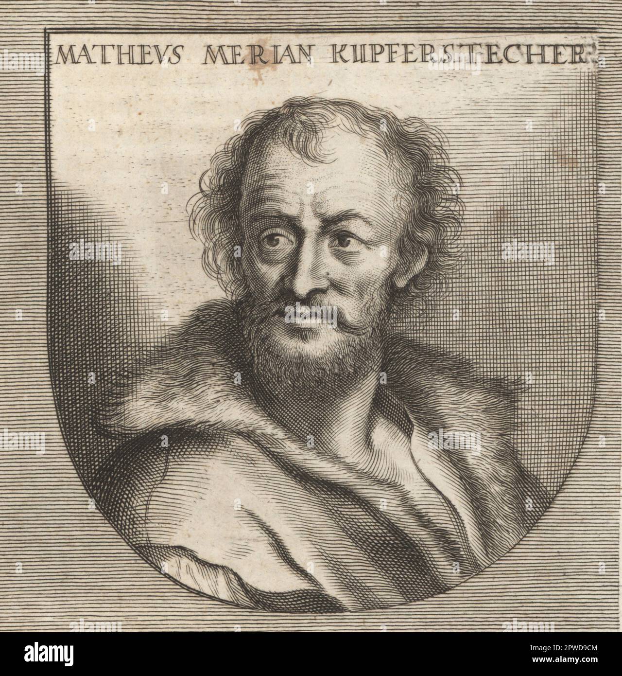 Matthaus Merian der Ältere, Schweizer Gravierer und Verleger, 1593-1650. Als Mitglied der Familie des Patriziers Basel Merian arbeitete er für den Großteil seiner Karriere in Frankfurt. Matheus Merian Kupferstecher. Copperplate-Gravur von Philipp Kilian nach einer Illustration von Joachim von Sandrart von seiner L'Academia Todesca, della Architectura, Scultura & Pittura, oder Teutsche Academie, der Edlen Bau- Bild- und Mahlerey-Kunste, Deutsche Akademie für Architektur, Skulptur und Gemälde, Jacob von Sandrart, 1675. Stockfoto