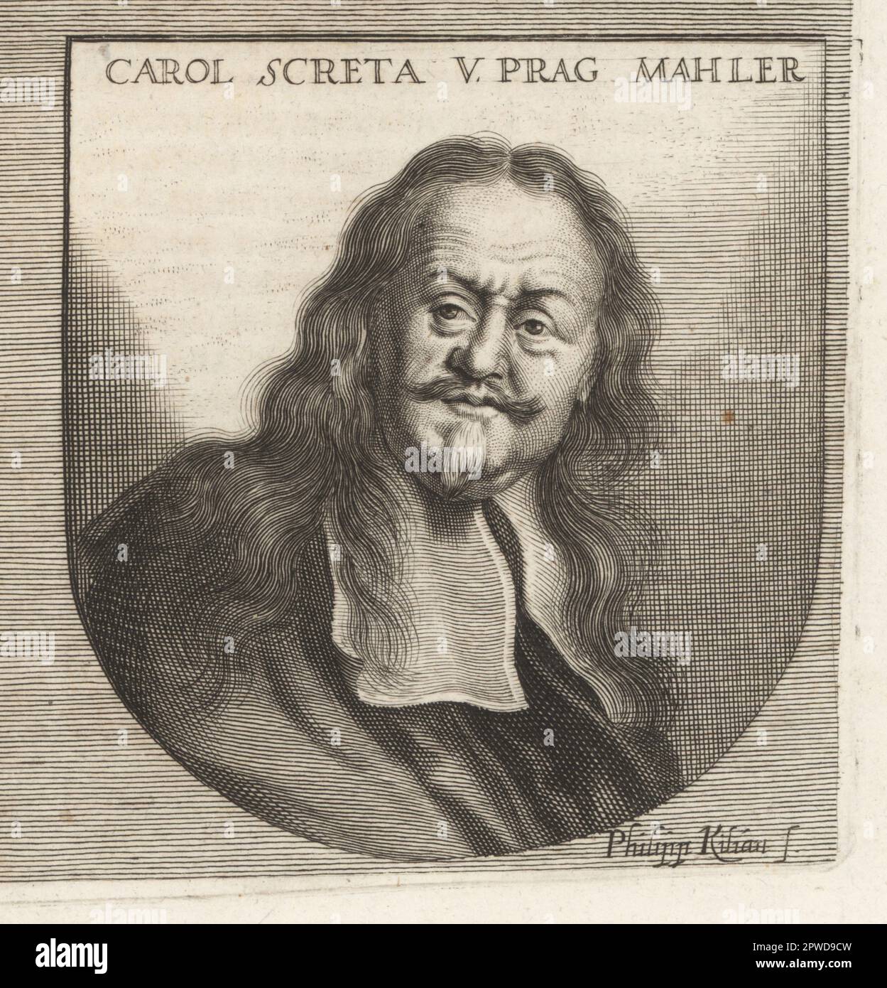 Karel Skreta, tschechischer Porträtmaler, der im Barockstil gearbeitet hat, 1610-1674. Er arbeitete in Prag, Sachsen und Italien. Carol Screta gegen Prag. Mahler, Ich Bin'S. Copperplate-Gravur von Philipp Kilian nach einer Illustration von Joachim von Sandrart von seiner L'Academia Todesca, della Architectura, Scultura & Pittura, oder Teutsche Academie, der Edlen Bau- Bild- und Mahlerey-Kunste, Deutsche Akademie für Architektur, Skulptur und Gemälde, Jacob von Sandrart, 1675. Stockfoto