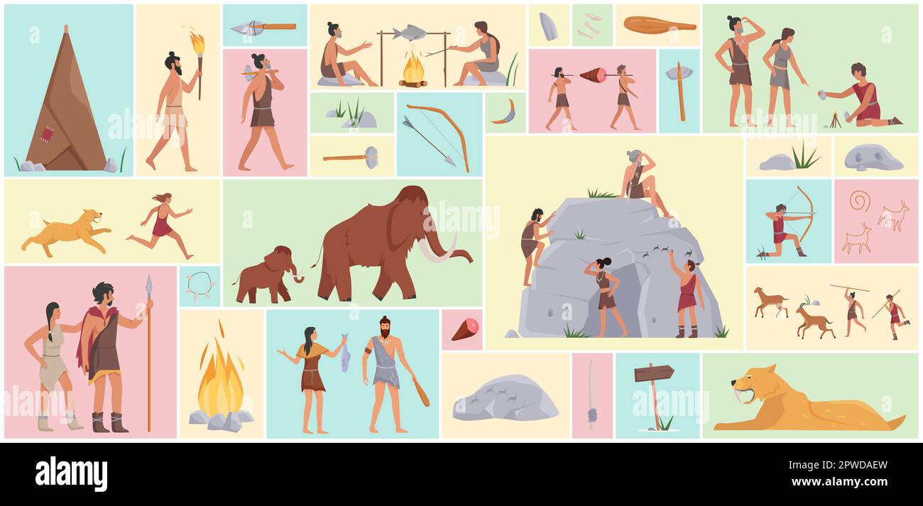 Cartoon jagt Homosapiens, Mann und Frau in Stammeskleidung, primitiver neandertalenstamm im geometrischen Collage-Hintergrund. Uralte prähistorische Menschen, Tiere und Werkzeuge bilden eine Vektordarstellung Stock Vektor