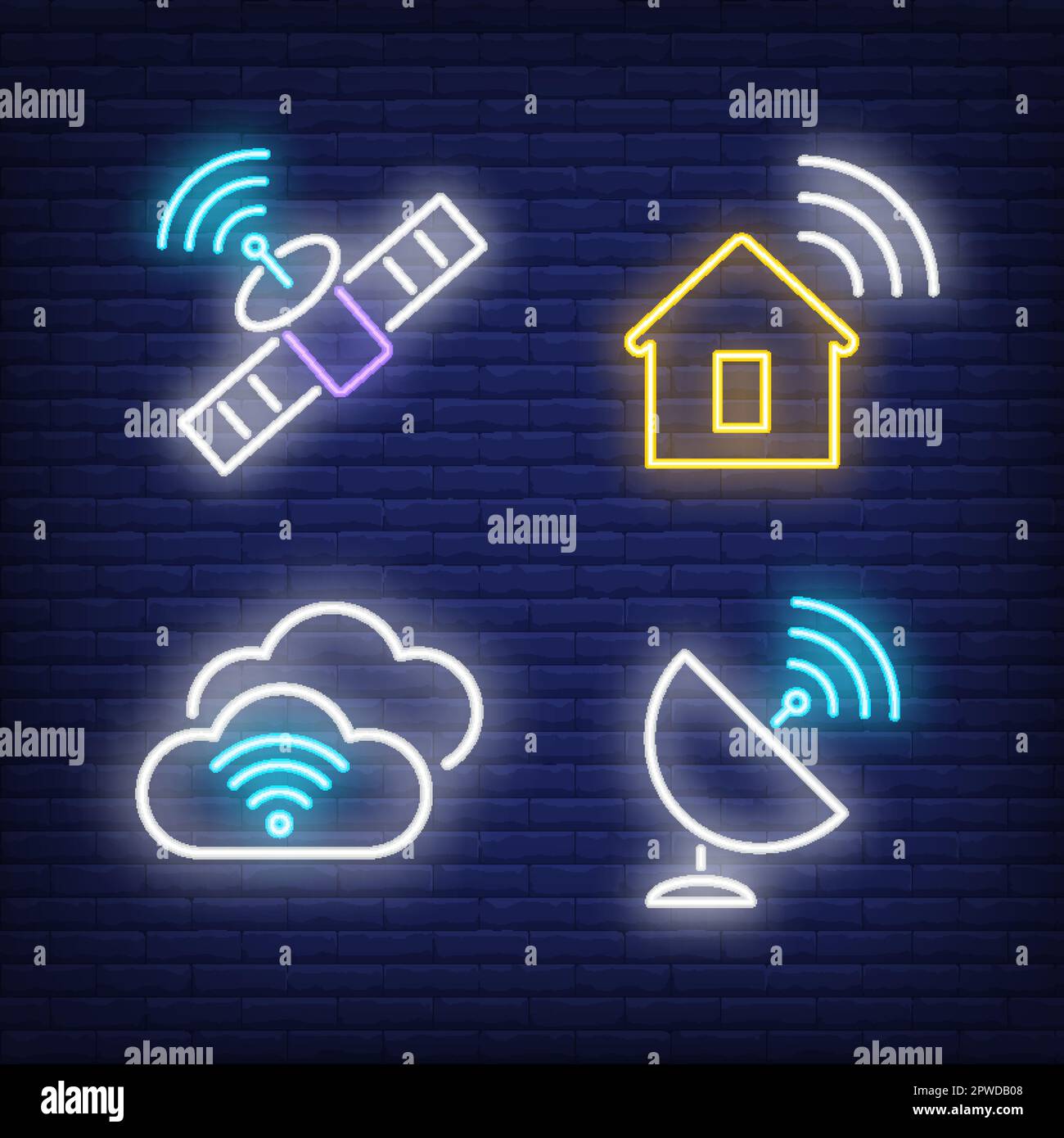 Satellit, Cloud-Service und Haus mit WLAN-Signalen, Neonschilder Stock Vektor
