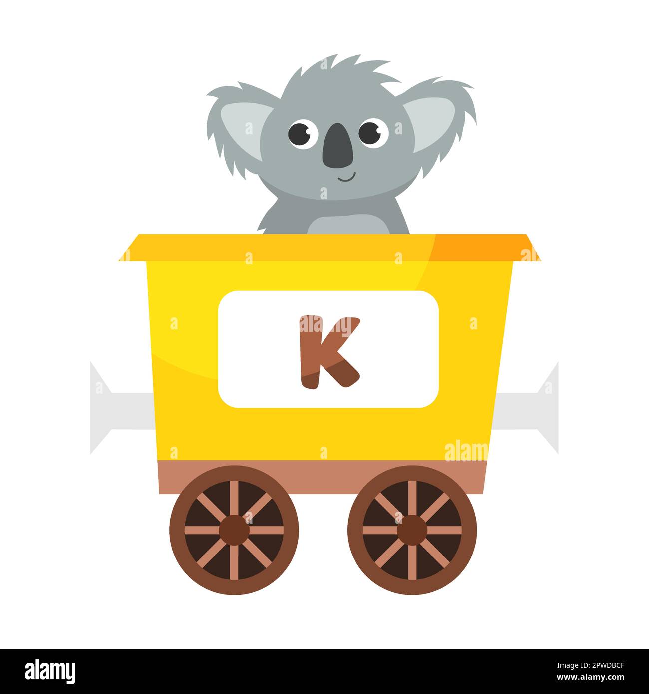 Buchstabe K, Koala. Niedliches Tier in farbenfroher alphabetischer Bahn. Vektordarstellung von Lernspielzeug für Vorschulkinder. Cartoon-Tiere sitzen hier Stock Vektor