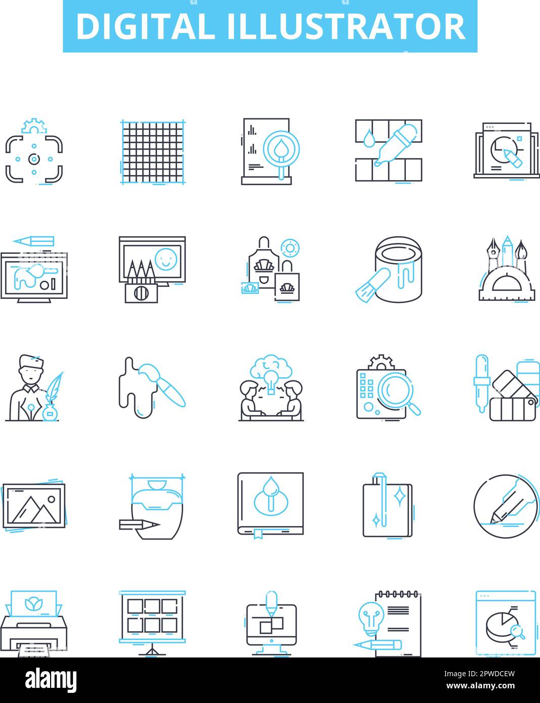 Symbole für Vektorlinien des digitalen Illustrators festgelegt. Digital, Illustrator, Designer, Künstler, Vektoren, Grafiken, Software-Illustration umreißen Konzeptsymbole Stock Vektor