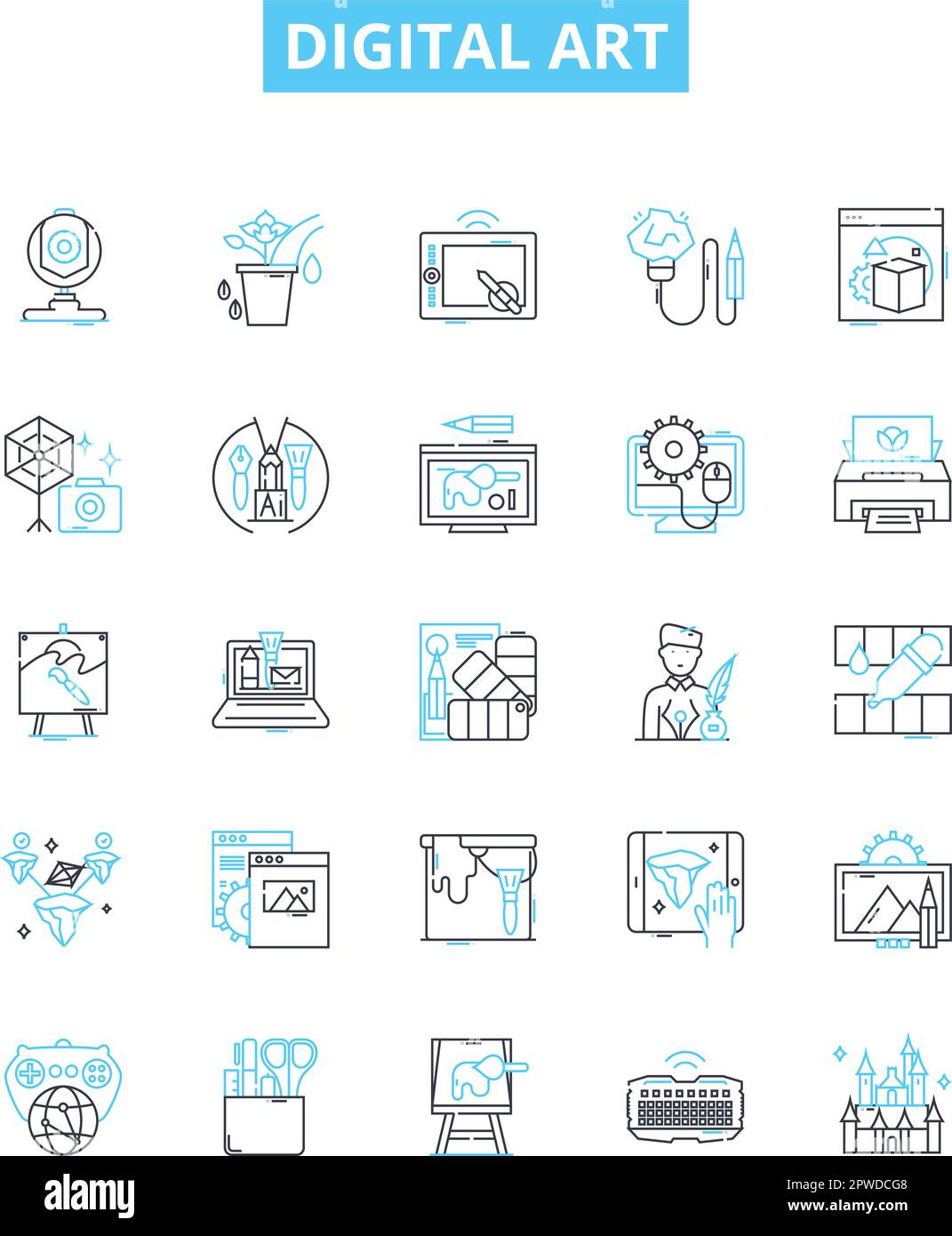 Symbolgruppe für digitale Bildvektorlinien. Digital, Kunst, Grafik, Design, Illustration, Fotografieren, Malen, Zeichnen, Umriss von Konzeptsymbolen und Schildern Stock Vektor