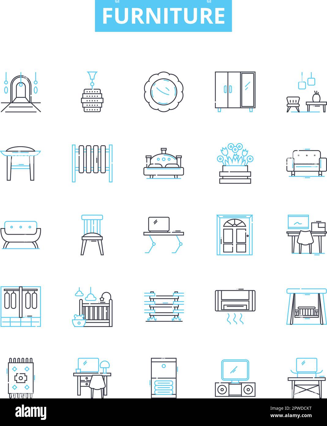 Symbole für Möbelvektorlinien festgelegt. Möbel, Stühle, Tische, Sofas, Schreibtische, Hocker, Schränke Illustration umreißt Konzeptsymbole und Schilder Stock Vektor