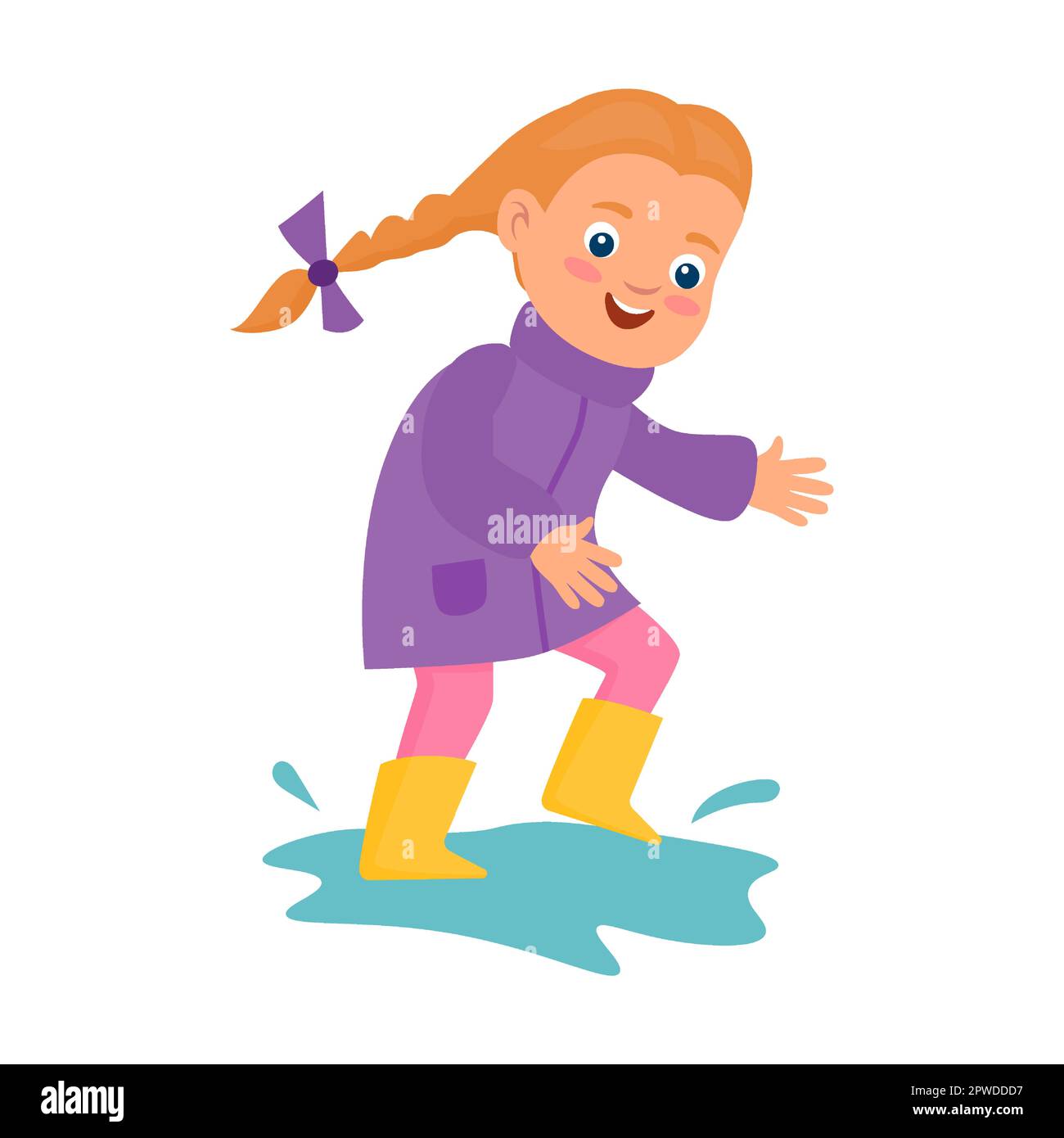 Süße Zeichentrickkinder in Gummistiefeln im Herbst-Flachvektorbild. Kleines Kind in warmen Kleidern isoliert auf weißem Hintergrund Stock Vektor