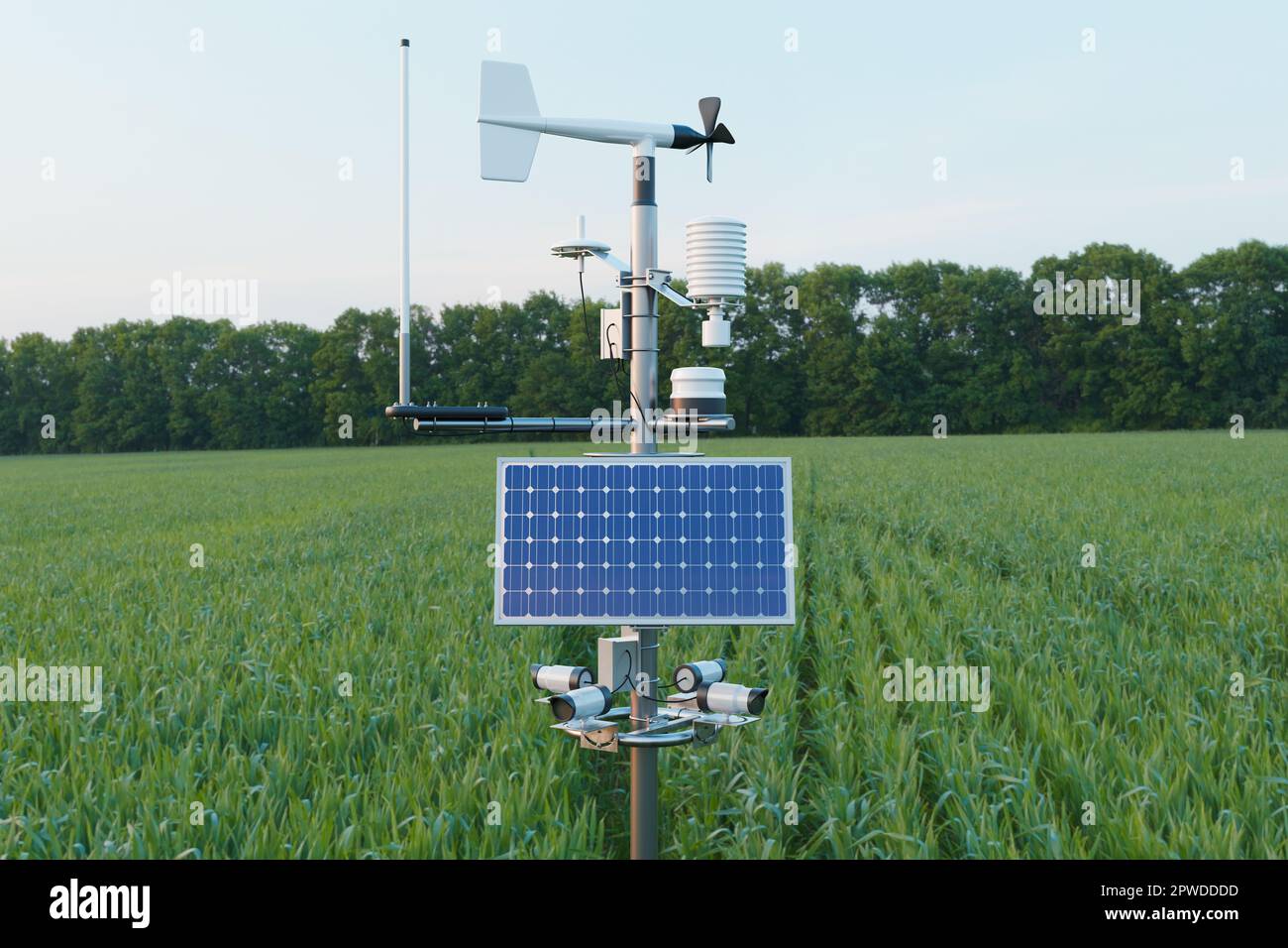 Wetterstation auf dem Grasfeld, 5G-Technologie mit intelligentem Landwirtschaftskonzept Stockfoto