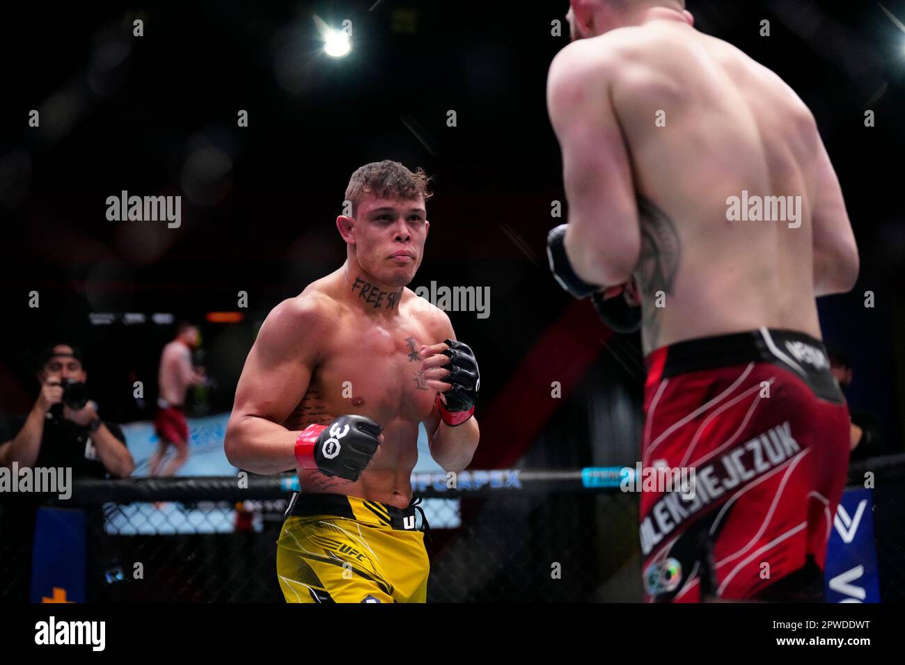 LAS VEGAS, NV - 29. April: (L-R) Caio Borralho und Michal Oleksiejczuk in einem Mittelgewichtskampf am UFC Apex für UFC Fight Night - Song gegen Simon am 29. April 2023 in Las Vegas, NV, USA. (Foto: Louis Grasse/PxImages) Stockfoto