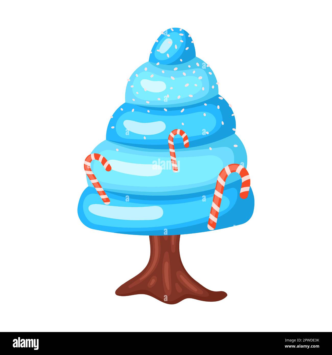 Candie in Form einer cremigen Baumpyramide mit gestreiften Süßigkeiten und Lutschtabletten, Vektordarstellung. Fantasy Land Caramel und Schokolade Desserts, Cupcakes Stock Vektor