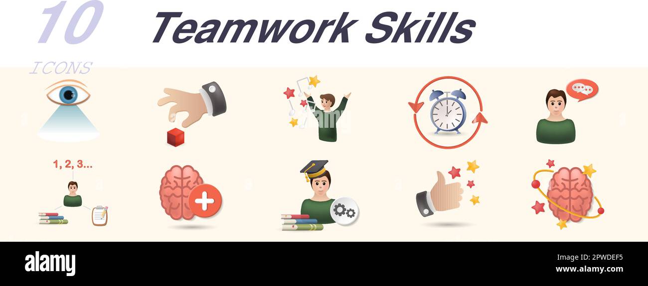 Teamwork-Fertigkeiten. Kreative Symbole: Visuelle Wahrnehmung, Feinmotorik, Artikulation, Gedächtnis, innerer Dialog, Grundbildung, psychische Gesundheit Stock Vektor