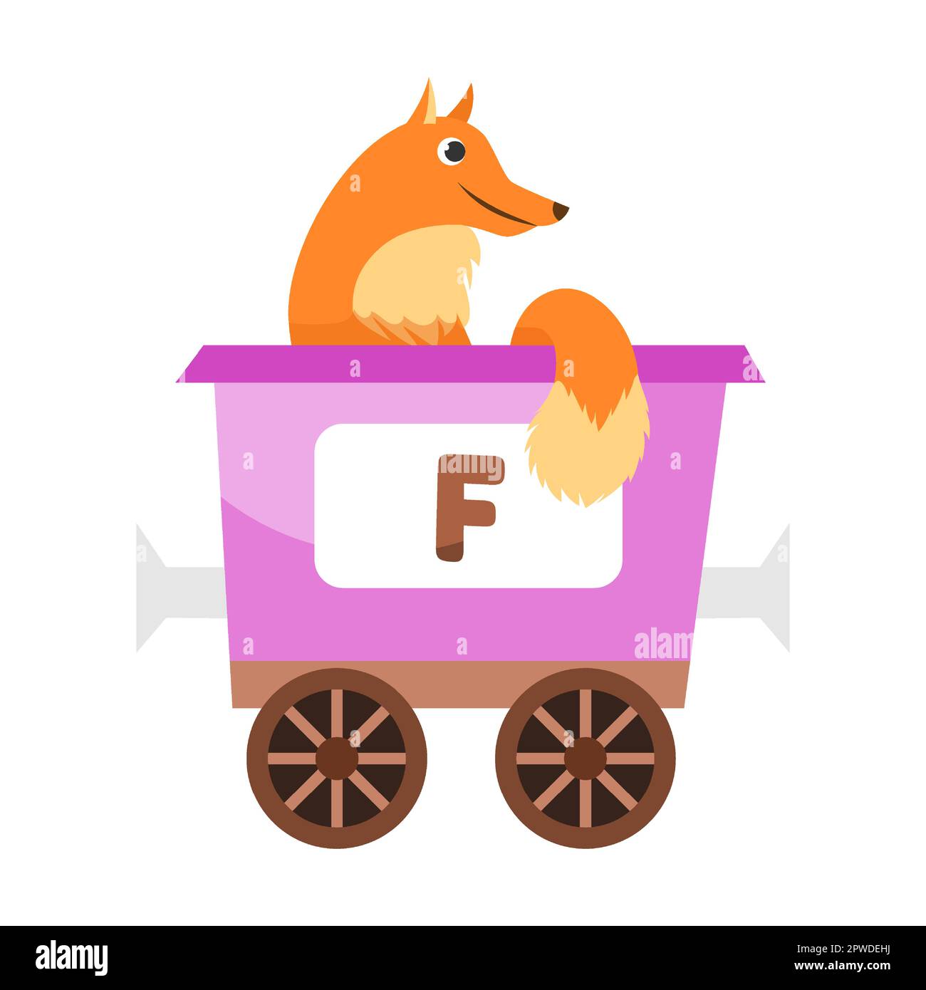 Buchstabe F, Fuchs. Niedliches Tier in farbenfroher alphabetischer Bahn. Vektordarstellung von Lernspielzeug für Vorschulkinder. Cartoon-Tiere sitzen hier Stock Vektor