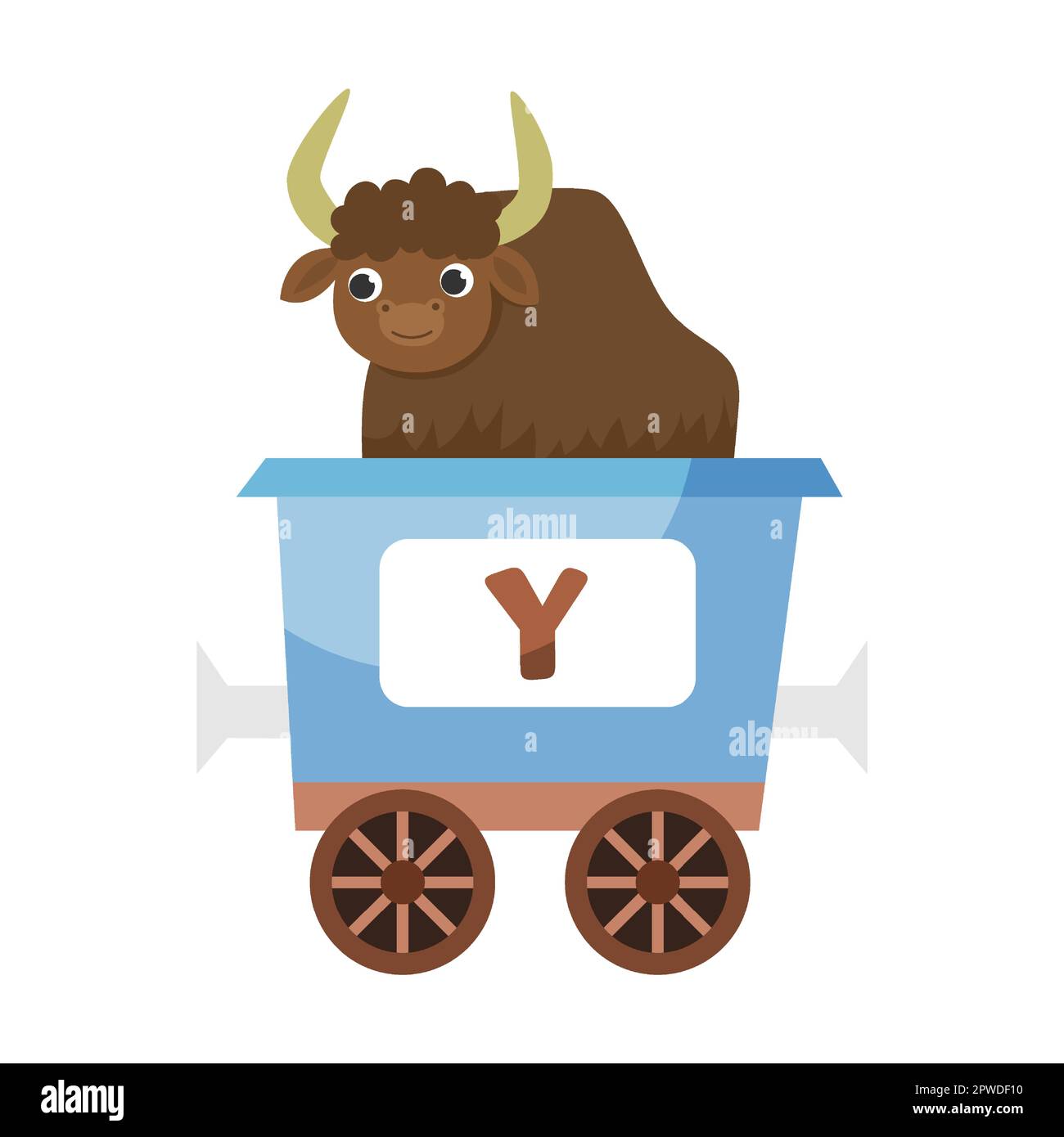 Buchstabe Y, Yak. Niedliches Tier in farbenfroher alphabetischer Bahn. Vektordarstellung von Lernspielzeug für Vorschulkinder. Cartoon-Tiere sitzen hier Stock Vektor