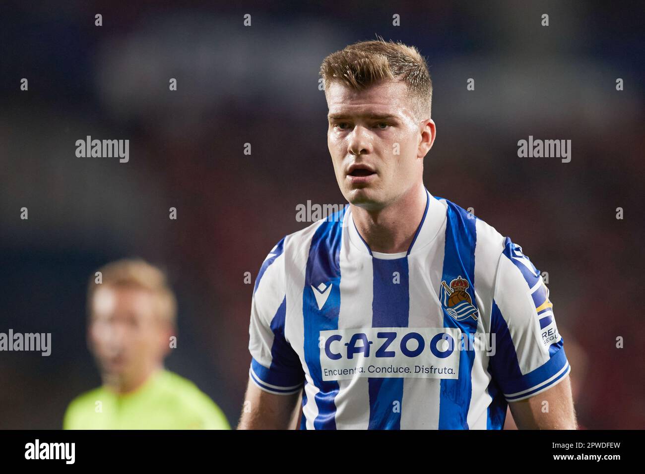 Alexander Sorloth von Real Sociedad während des Fußballspiels der spanischen Meisterschaft La Liga zwischen CA Osasuna und Real Sociedad am 28. April 2023 in El Sadar in Pamplona, Spanien - Foto: Ricardo Larreina/DPPI/LiveMedia Stockfoto