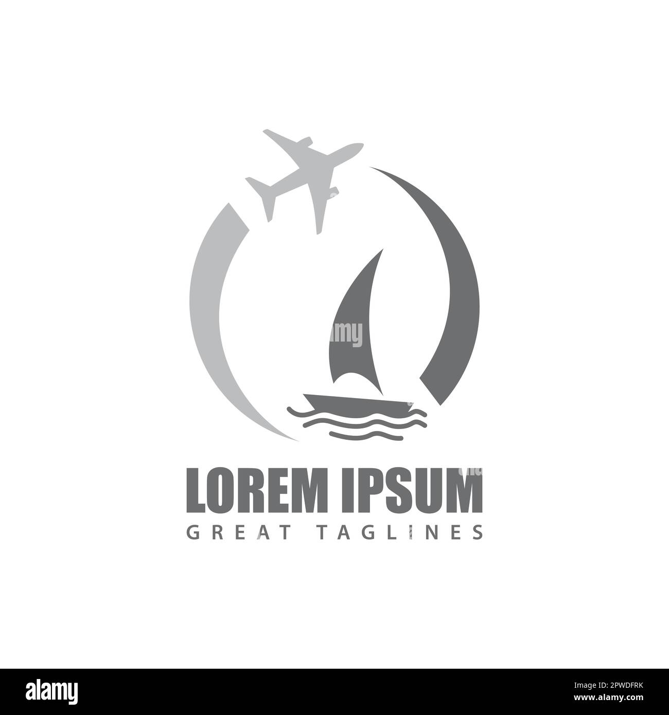 Design-Konzept mit Reise-Logo mit Flugzeug und Segelboot im Negativ-Raum-Technik Design. Logo-Design des Reisebüros Vektorgrafik Stock Vektor Design-Konzept mit Reise-Logo mit Flugzeug und Segelboot im Negativ-Raum-Technik Design. Logo-Design des Reisebüros Vektorgrafik Stock Vektor