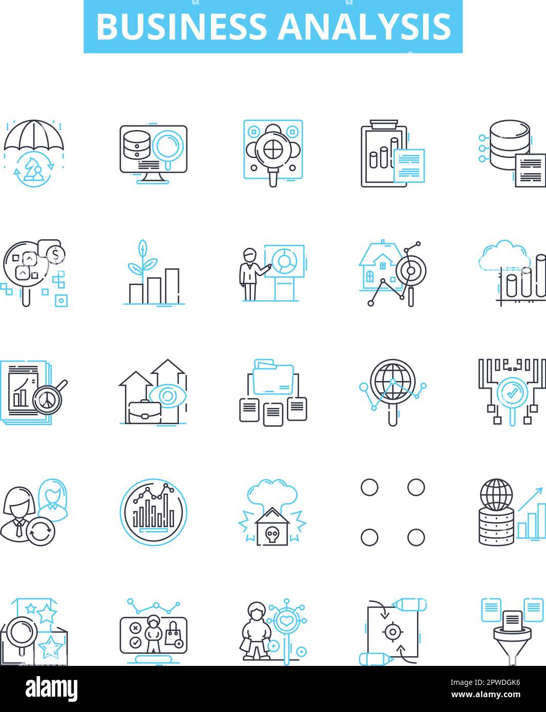 Symbole für Vektorlinien der Geschäftsanalyse festgelegt. Business, Analyse, Strategie, Prozess, System, Risiko, Marktdarstellung, Konzeptsymbole und -Zeichen Stock Vektor