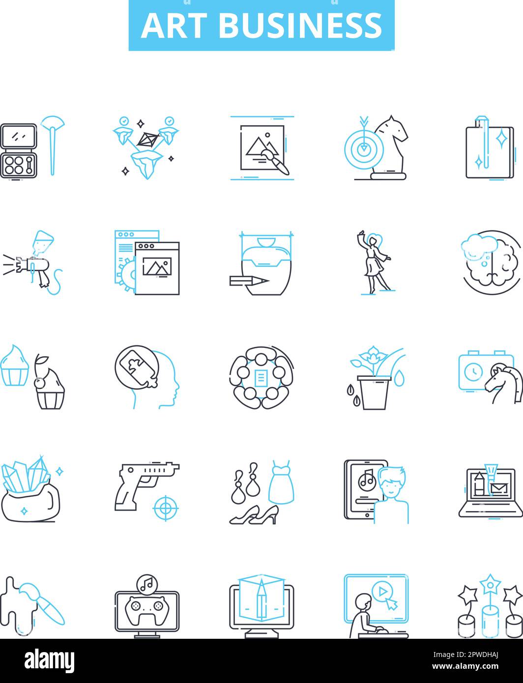 Symbole für Vektorlinien des Kunstgeschäfts festgelegt. Kunst, Geschäft, Handel, Netzwerke, Verkauf, Design, Marketingabbildung umreißen Symbole und Schilder Stock Vektor