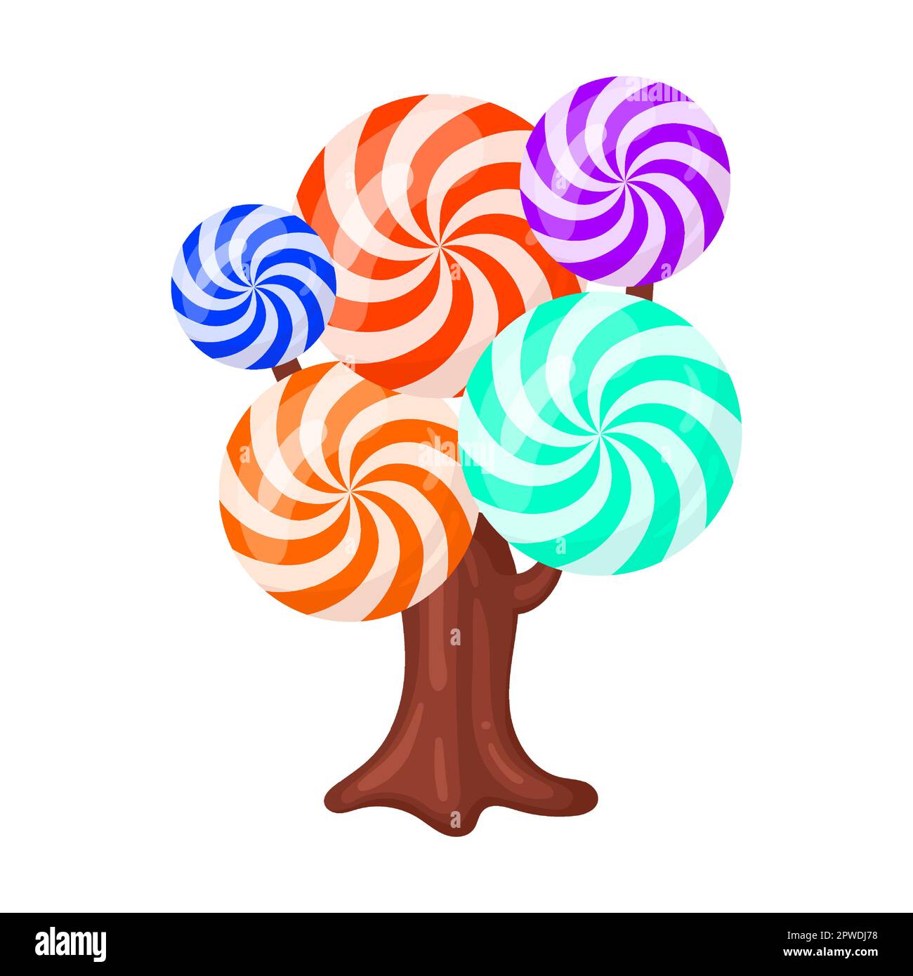 Candie in Form eines Baumes gestreifte runde Lutscher, Vektordarstellung. Fantasy Land Karamell und Schokolade Desserts, Cupcakes, Kekse Stock Vektor