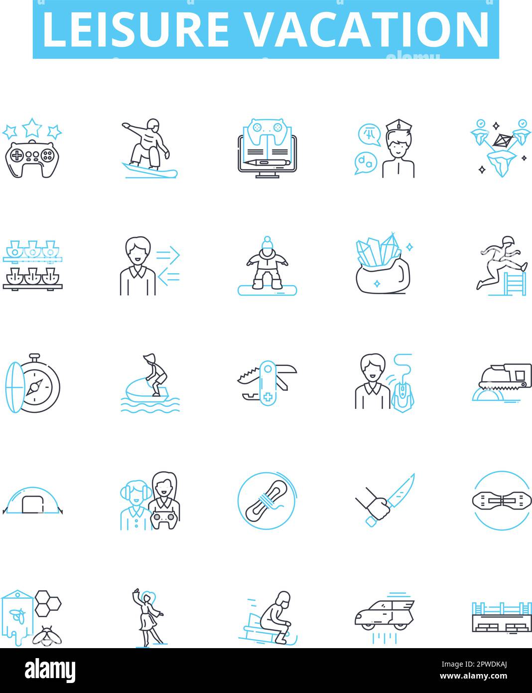 Vektorliniensymbole für Urlaubsurlaub festgelegt. Urlaub, Freizeit, Urlaub, Rückzugsort, Kurzurlaub, Symbole und Schilder für die Gestaltung von Feiertagen und Erholung Stock Vektor